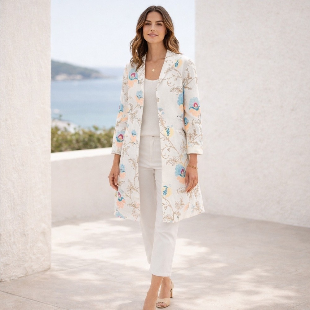 Paperwhite Longline Floral Embroidered Linen Blazer Jacket‎ Size 4